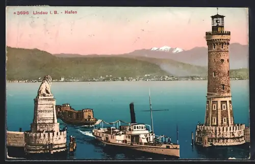 AK Lindau i. B., Hafen, Leuchtturm, Bayerischer Löwe, Dampfschiff