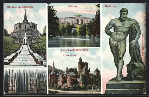 AK Cassel-Wilhelmshöhe, Oktogon und Kaskaden, Schloss, Herkules, Löwenburg