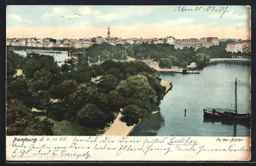 AK Hamburg-St.Georg, An der Alster, Stadtpanorama, Segelboot