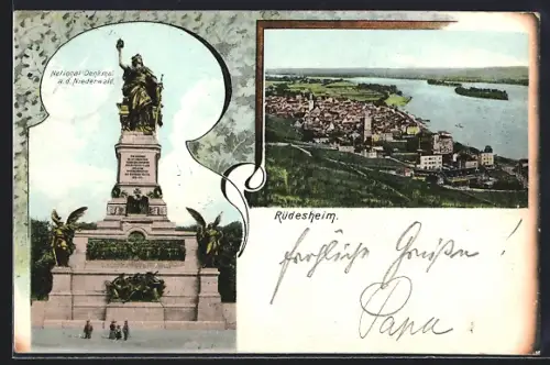 Lithographie Rüdesheim / Rhein, National-Denkmal a. d. Niederwald, Stadtansicht