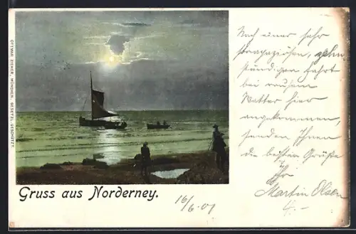AK Norderney, Segelboot am Strand bei Mondschein