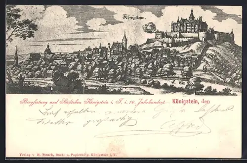 Künstler-AK Königstein i. T., Burganlage und Stadtansicht im 16. Jahrhundert