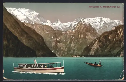 AK Königssee / Obb., Blick vom Malerwinkel, Dampfschiff und Ruderboot vor Alpenpanorama