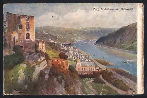 Künstler-AK Oberwesel, Burg Schönburg, Stadtansicht