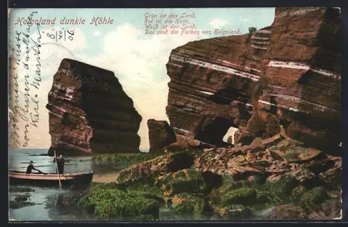 AK Helgoland, Dunkle Höhle, Felsen, Boot