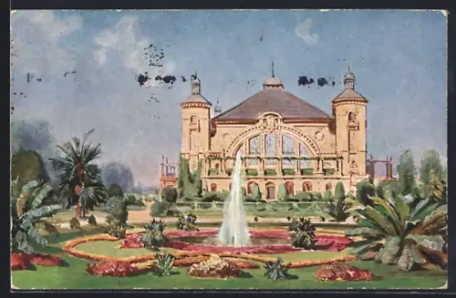 Künstler-AK Leipzig, Hauptbahnhof mit Gartenanlage und Springbrunnen