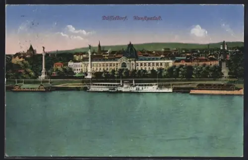 AK Düsseldorf, Kunstpalast, Rheinufer, Dampfschiffe