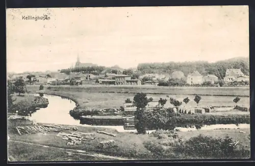 AK Kellinghusen, Flusslauf und Stadtansicht mit Kirche