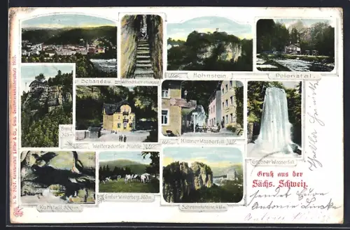 AK Schandau /Sächsische Schweiz, Schrammsteine, Grosser Wasserfall, Waltersdorfer Mühle