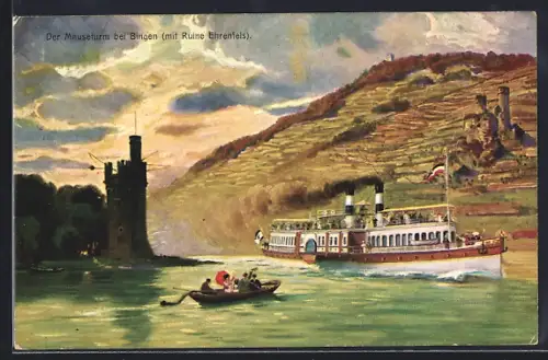 Künstler-AK Bingen / Rhein, Mäuseturm, Ruine Ehrenfels, Dampfschiff