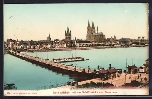 AK Köln a. Rhein, Schiffbrücke, Dom, Altstadt von Deutz aus