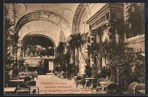 AK Wiesbaden, Kurhaus, Muschelsaal, Wintergarten, Wandgemälde von Fritz Erler