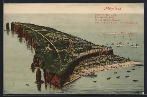 AK Helgoland, Gesamtansicht der Insel mit Ober- und Unterland