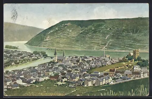 AK Bingen / Rhein, Stadtansicht, Kirche, Burgruine am Rhein
