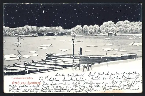 AK Hamburg-Neustadt, Lombardsbrücke, nächtliche Winteransicht