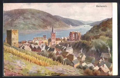 Künstler-AK Bacharach, Stadtansicht mit Kirche und Burgruine am Rhein