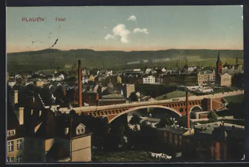 AK Plauen / Vogtland, Gesamtansicht mit Brücke und Stadtpanorama
