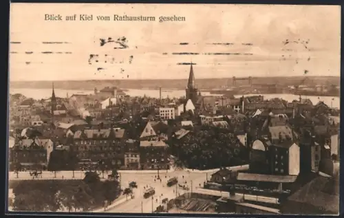 AK Kiel, Blick vom Rathausturm auf Stadt und Hafen