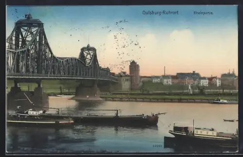 AK Duisburg-Ruhrort, Rheinpartie, Brücke, Schiffe