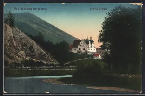 AK Obernitz /Saalfeld, Schloss Obernitz, Flusslandschaft