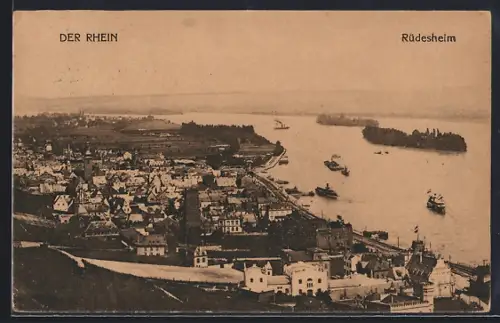 AK Rüdesheim / Rhein, Rheinpanorama mit Stadtansicht und Schiffsverkehr