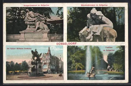 AK Düsseldorf, Kriegerdenkmal, Märchenbrunnen, Fontäne im Hofgarten