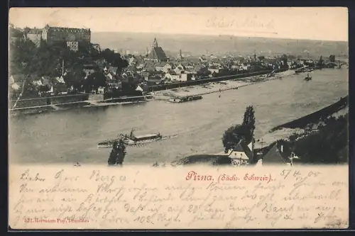 AK Pirna /Sächs. Schweiz, Stadtansicht mit Schloss und Elbe