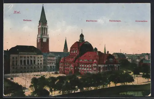 AK Kiel, Rathaus, Stadttheater, Reichsbank, Gymnasium