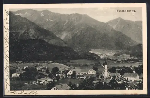 AK Fischbachau, Ortsansicht mit Kirche und Alpenpanorama
