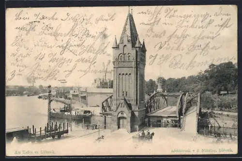 AK Lübeck, Hafen, Brücke, Turm