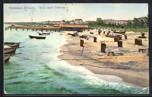 AK Ahlbeck / Ostseebad, Blick nach Ostende, Strand, Boote, Seebrücke