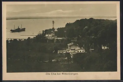 AK Hamburg-Wittenbergen, Die Elbe, Leuchtturm, Dampfer auf der Elbe
