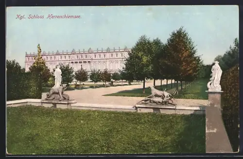 AK Herrenchiemsee, Kgl. Schloss Herrenchiemsee, Park, Statuen
