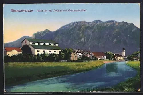 AK Oberammergau, Partie an der Ammer mit Passionstheater