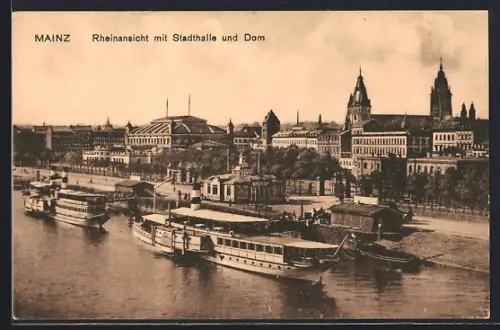 AK Mainz, Rheinansicht, Stadthalle, Dom, Passagierschiff am Anleger