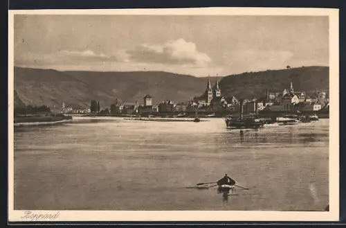 AK Boppard, Blick auf Stadt und Rhein mit Ruderboot
