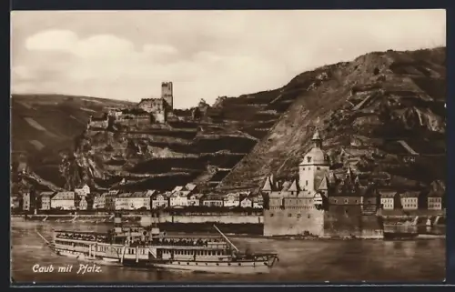 AK Caub, Pfalz, Burgruine, Rheinschiff