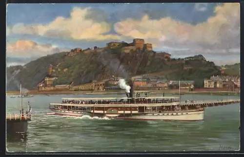 AK Koblenz, Festung Ehrenbreitstein, Dampfschiff auf dem Rhein