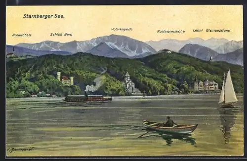 AK Berg / Starnberger See, Schloss Berg, Votivkapelle, Leoni, Bismarckturm