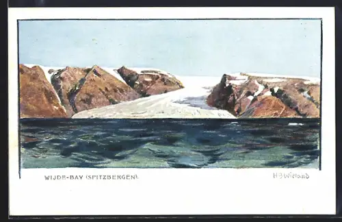 Künstler-AK Wijde-Bay /Spitzbergen, Blick übers Wasser zum Gletscher