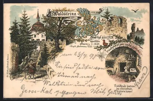 Lithographie Waldstein, Burgruine mit Fanfarenspieler