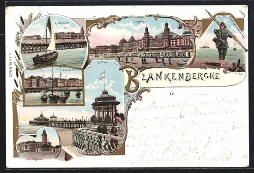 Lithographie Blankenberghe, La plage, Vue de Port, Le Pier