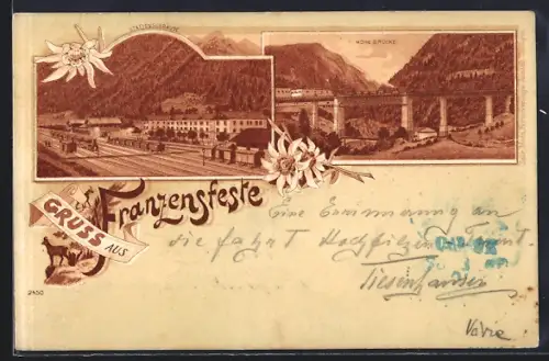 Lithographie Franzensfeste, Stationsgebäude mit Hohe Brücke