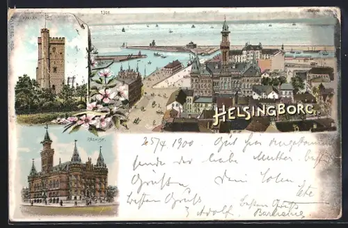 Lithographie Helsingborg, Hafenpanorama, Radhus & Kärnan