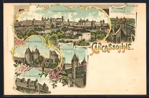 Lithographie Carcassonne, Panorama de Nord-Ouest, Les Tours Visigoth et de l`Inquisition, Porte de Narbonne