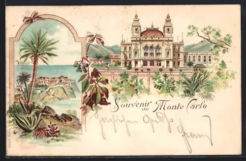 Lithographie Monte Carlo, Ortspartie, Herrschaftliches Gebäude