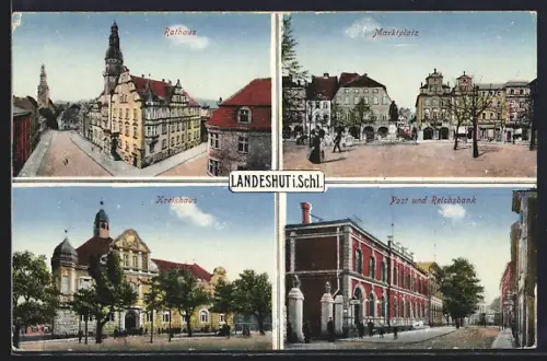 AK Landeshut i. Schl., Kreishaus, Rathaus, Marktplatz, Post- und Reichsbank