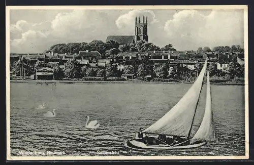 AK Woldenberg /Neumark, Seeansicht mit Segelboot