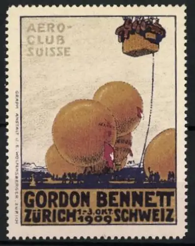 Reklamemarke Zürich, Gordon Bennett 1909, Ballonrennen, Gasballone beim Start, Aero-Club Suisse
