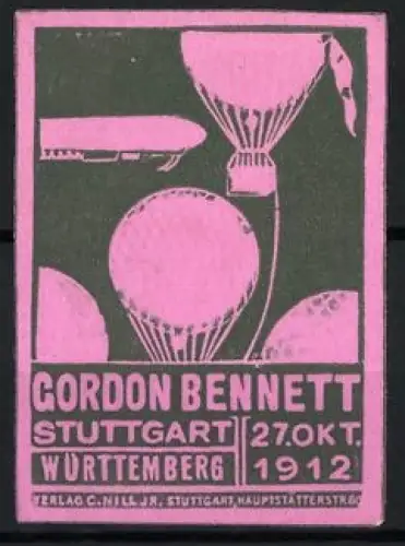 Reklamemarke Stuttgart, Gordon Bennett 27. Okt. 1912, Ballonrennen und Luftschiff Zeppelin, schwarz-rosa
